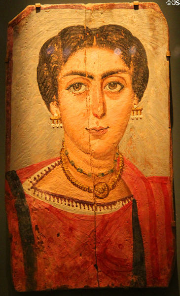 Egyptian mummy portrait of woman with necklace (161-192) at Kunsthistorisches Museum. Vienna, Austria.