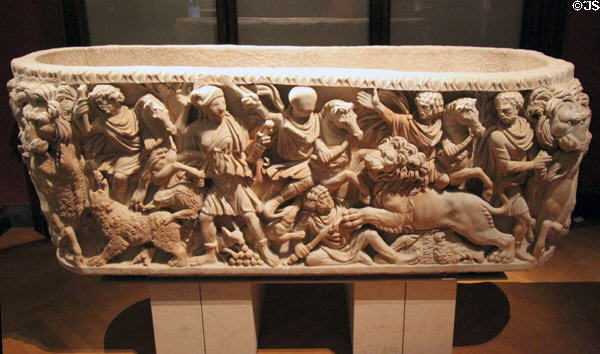 Roman lion hunting carved stone sarcophagus (270-290) at Kunsthistorisches Museum. Vienna, Austria.