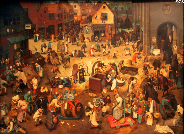 Fight between Carnival & Lent painting (1559) by Pieter Brueghel the Elder at Kunsthistorisches Museum. Vienna, Austria.