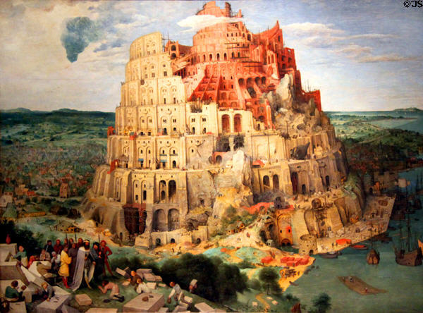 Tower of Babel painting (1563) by Pieter Brueghel the Elder at Kunsthistorisches Museum. Vienna, Austria.