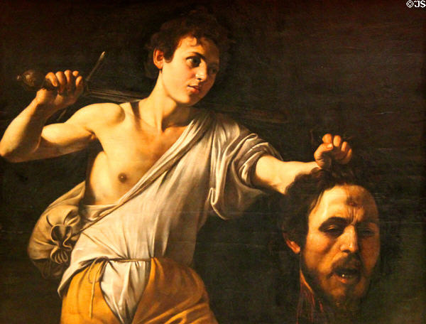 David with Head of Goliath painting (1604-5) by Caravaggio at Kunsthistorisches Museum. Vienna, Austria.