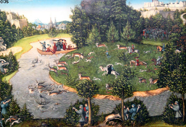 Stag Hunt Elector Frederick the Wise painting (1529) by Lucas Cranach the Elder at Kunsthistorisches Museum. Vienna, Austria.