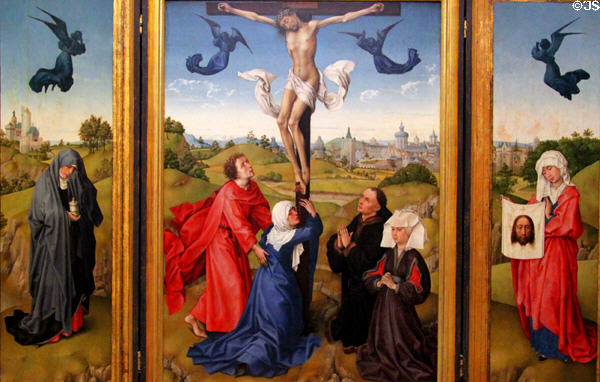 Crucifixion triptych painting (c1440) by Rogier van der Weyden at Kunsthistorisches Museum. Vienna, Austria.