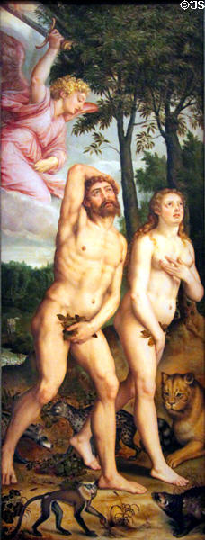 Expulsion from Paradise (Adam & Eve) painting (c1550) by Michiel Coxcie at Kunsthistorisches Museum. Vienna, Austria.