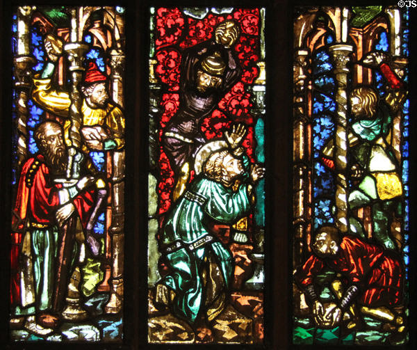 Stoning of St Stephen stained glass windows (c1380) from St Stephan Herzog's Chapel of Vienna at Historical Museum of City of Vienna. Vienna, Austria.