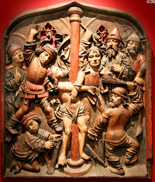 Flagellation of Christ wood relief (c1480) at Historical Museum of City of Vienna. Vienna, Austria.