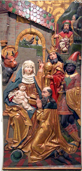 Adoration of Magi wood relief (c1470) at Historical Museum of City of Vienna. Vienna, Austria.