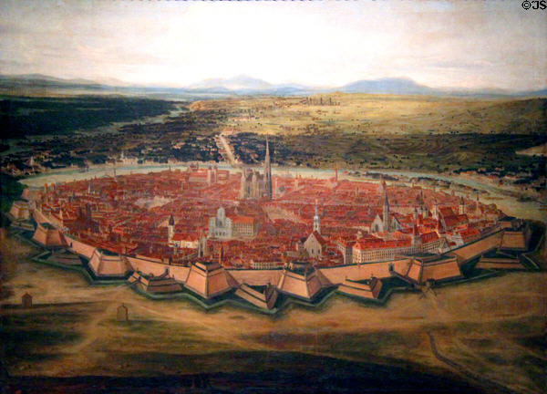 View of Vienna painting (1690) by Domenico Cetto shows city walls at Historical Museum of City of Vienna. Vienna, Austria.