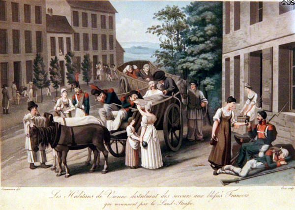 Tending wounded French troops on Landstrasse in Vienna after Battle of Aspern on May 21-22, 1809 engraving by P. Gross after Jakob Gauermann at Historical Museum of City of Vienna. Vienna, Austria.