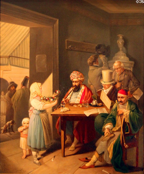 Greeks in a Viennese coffeehouse painting (1824) by Leopold Theodor Weller at Historical Museum of City of Vienna. Vienna, Austria.