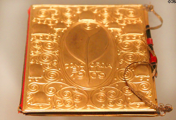 Brass dance card for the Concordia Ball (1909) by Josef Hoffmann & made for Wiener Werkstätte at Historical Museum of City of Vienna. Vienna, Austria.