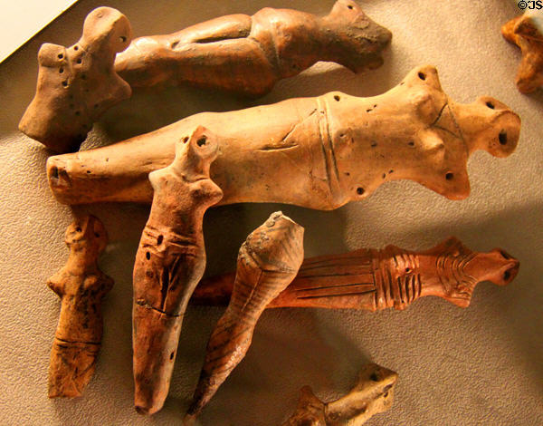 Six thousand year old clay human female figures from the Ukraine at Museum of Natural History. Vienna, Austria.