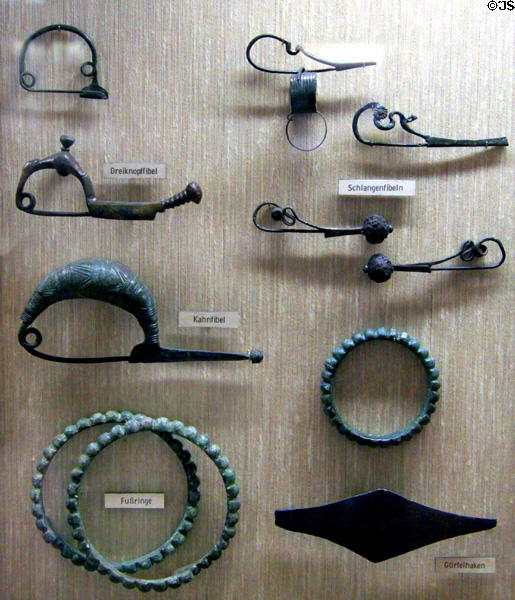 Iron age clothing pins & arm & foot rings at Museum of Natural History. Vienna, Austria.