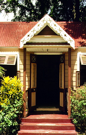 Front doors of a cottage in Tyrol Cot Heritage Village. Barbados.