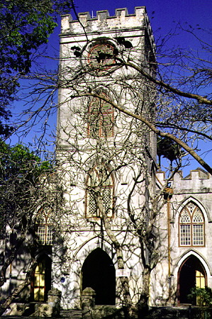 Stone white tower of St John Church. Barbados.