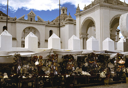 Cathedral & vendors in Copacabana. Bolivia.