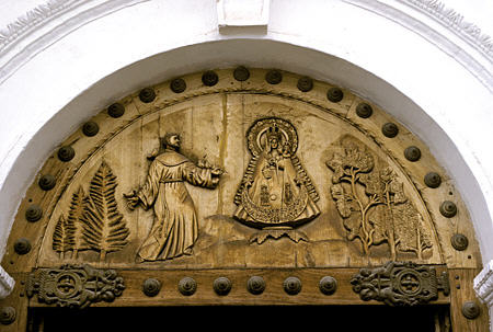 Carving over door of Copacabana Cathedral. Bolivia.