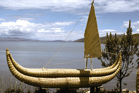 Person-size reed boat at Sun Island. Bolivia.