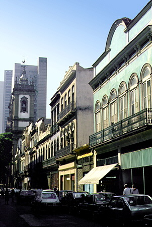 Street near the Portuguese Library, Rio de Janeiro showing the traditional architecture of Portugal. Brazil.