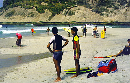 Surfers and others enjoying the beaches of Rio de Janeiro. Brazil.