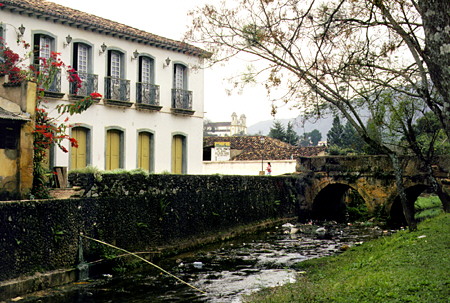 Heritage building with stream in the village of Tiradentes. Brazil.