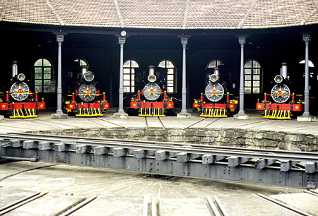 Fleet of steam trains in the Railway Museum roundhouse in São João del Rei (San Juan del Rei). Brazil.