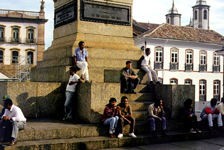 Inhabitants watching life in town square of Ouro Prêto, a UNESCO Cultural World Heritage Site. Brazil.