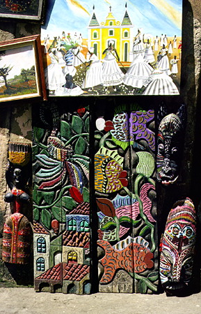Wood carvings and paintings for sale in Salvador. Brazil.