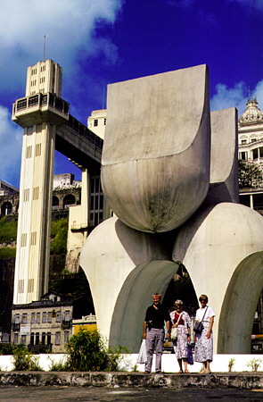 Statue with elevator between upper and lower towns in Salvador. Brazil.