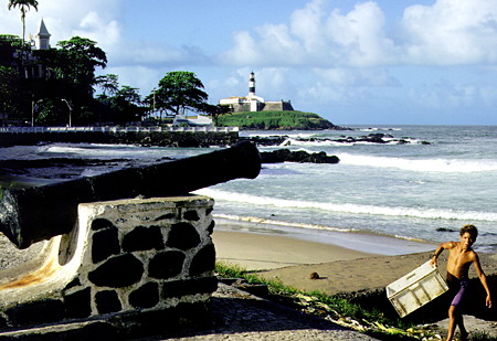 Lighthouse and fort near the mouth of Salvador harbor. Brazil.