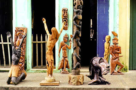 Variety of wood carvings for sale in Cachoeira. Brazil.
