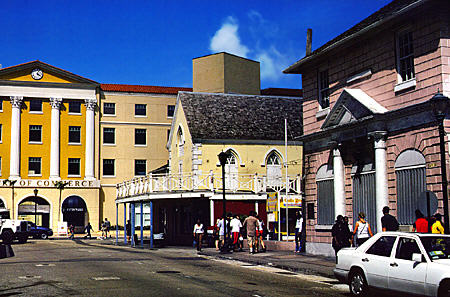 Vendue House (pink, early 1800s), Diocesan Building (1893), & Commerce Building. Nassau, The Bahamas.
