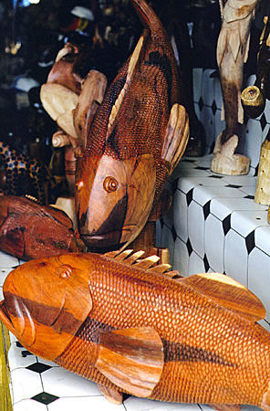 Fish carved from wood at Straw Market. Nassau, The Bahamas.
