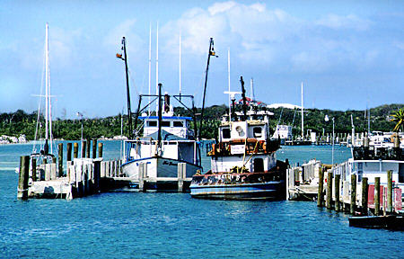 Boats moored at Spanish Wells on Eleuthera Island. The Bahamas.