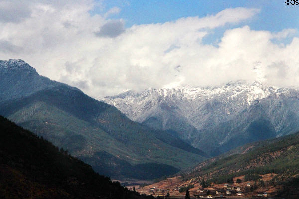 Valley & mountains surrounding Paro, location of national airport. Bhutan.