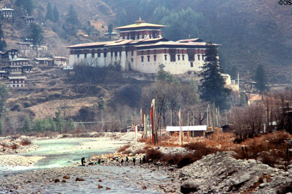 Paro's Rinpung Dzong is both a Buddhist temple & regional administration center since Bhutan is a theocracy. Bhutan.