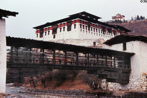 Architecture of Rinpung Dzong & covered bridge leading to it in Paro. Bhutan.