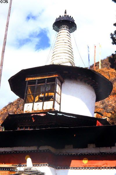 Tower of Dungtse Lhakhang, a small local temple, in Paro. Bhutan.