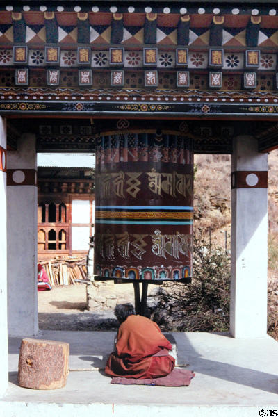 Man praying at Dungtse Lhakhang in Paro. Bhutan.
