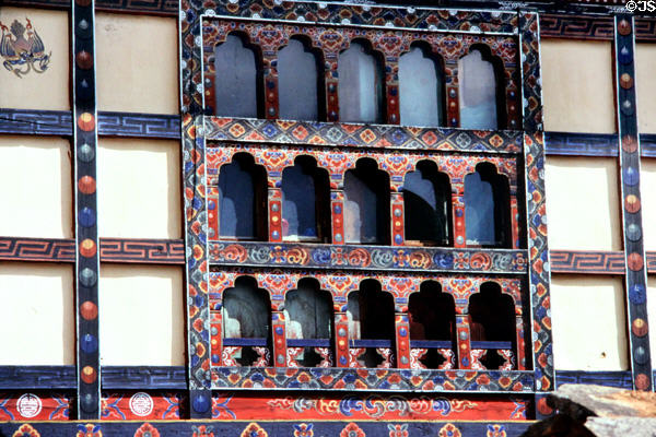 Intricately painted window of a house in Paro. Bhutan.