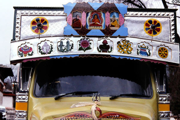 Truck in Paro in Tibetan style decorated with eight auspicious Buddhist signs. Bhutan.
