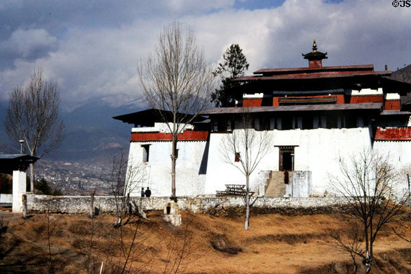 Fortress-like architecture of Simtokha Dzong (1629) above Thimpu. Bhutan.