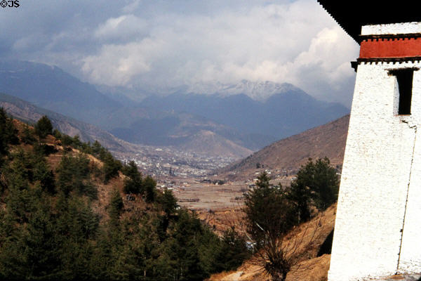 View of Thimpu, national capital of Bhutan, seen from Simtokha Dzong. Bhutan.