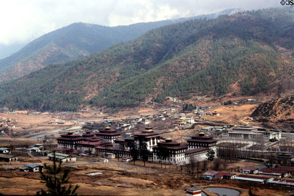 Overview of Thimpu valley with Tashichho Dzong, Bhutan's national administrative center. Bhutan.