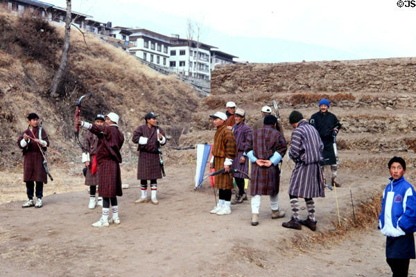 Men practicing archery, national sport of Bhutan, in Thimpu. Bhutan.