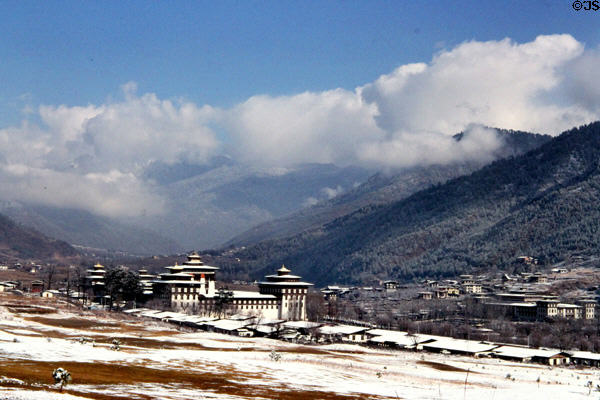 Tashichho Dzong covered in snow, Thimpu. Bhutan.