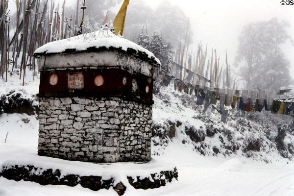 Roadside temple in snow at Dochu La Pass. Bhutan.
