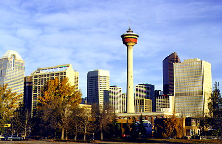 Calgary skyline with Calgary Tower & a variety of skyscrapers. Calgary, AB.