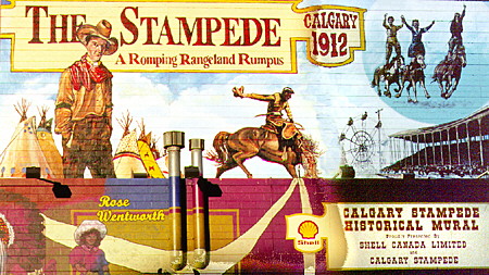 Calgary Stampede Historical Mural promotes annual rodeo event of old West. Calgary, AB.