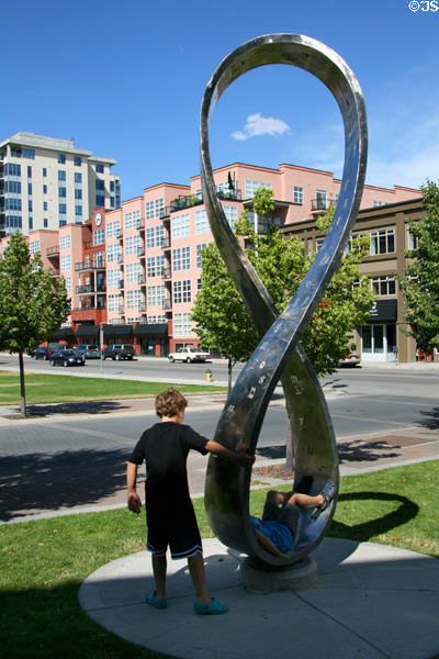 Natural Language Mobius strip sculpture (2000) by Jennifer Macklem & Kip Jones near Kelowna Library. Kelowna, BC.